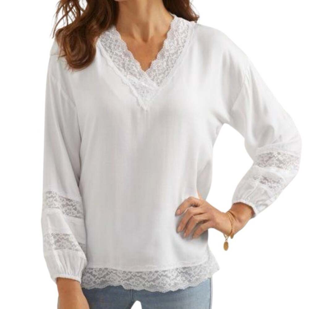 Soft Surroundings Lace Trim Blouse Petite XL White Balloon Sleeve Cottage Boho